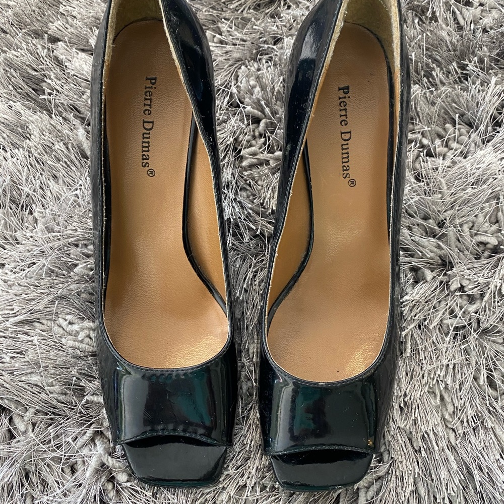 Black patent leather Pierre Dumas peep toe heels